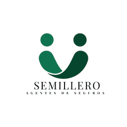 A minimalist logo design featuring two stylized green human figures forming a smiling arch, with the word 'SEMILLERO' in bold uppercase letters beneath them, followed by the smaller text 'AGENTES DE SEGUROS' in a clean sans-serif font, all set against a transparent background.